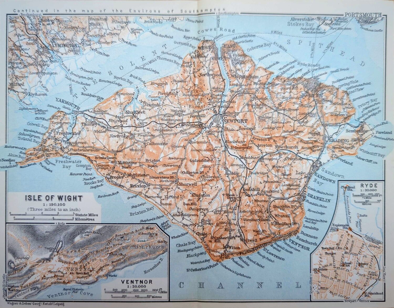 Île de Wight, Angleterre, plan original imprimé en 1913.