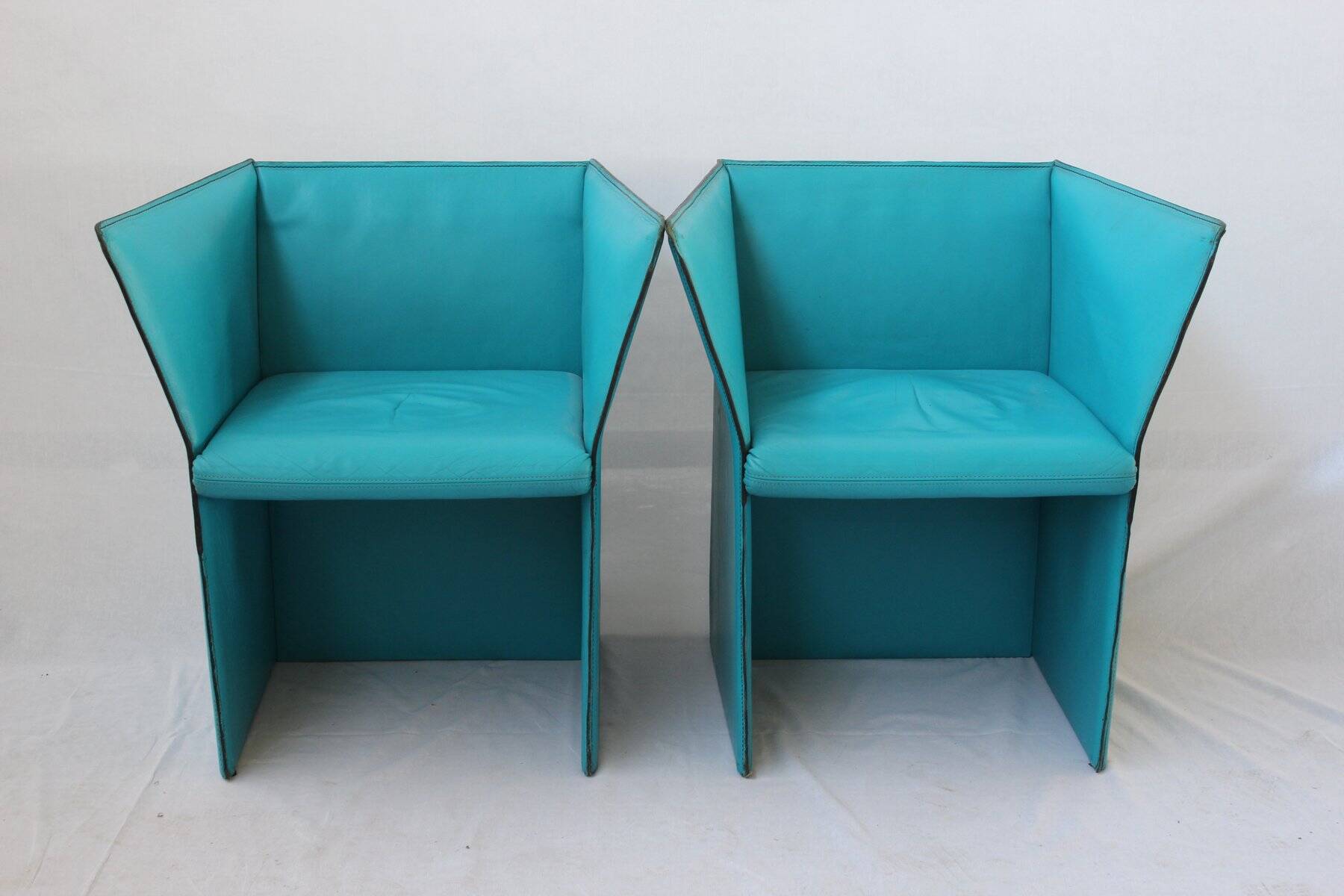 Set of Turquoise Leather Armchairs by Tito Agnoli, Italy, 1970s
