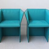 Set of Turquoise Leather Armchairs by Tito Agnoli, Italy, 1970s