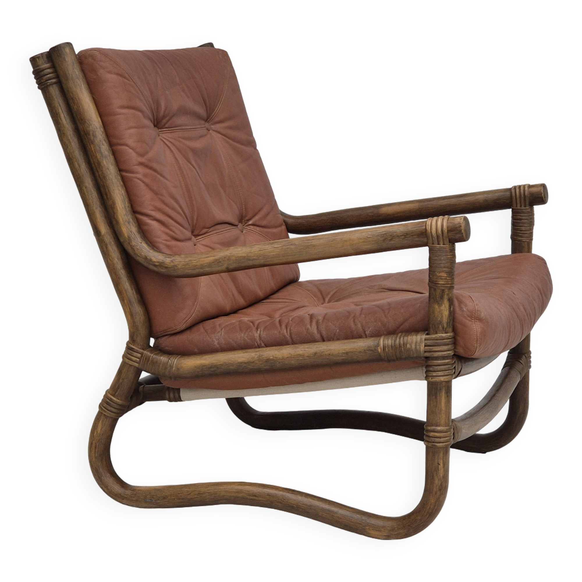 1970s, Scandinavian armchair, original very good condition, bamboo, leather.