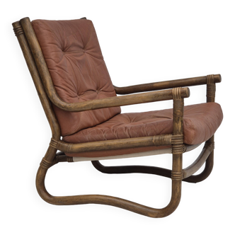 1970s, Scandinavian armchair, original very good condition, bamboo, leather.