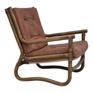 1970s, Scandinavian armchair, original very good condition, bamboo, leather.
