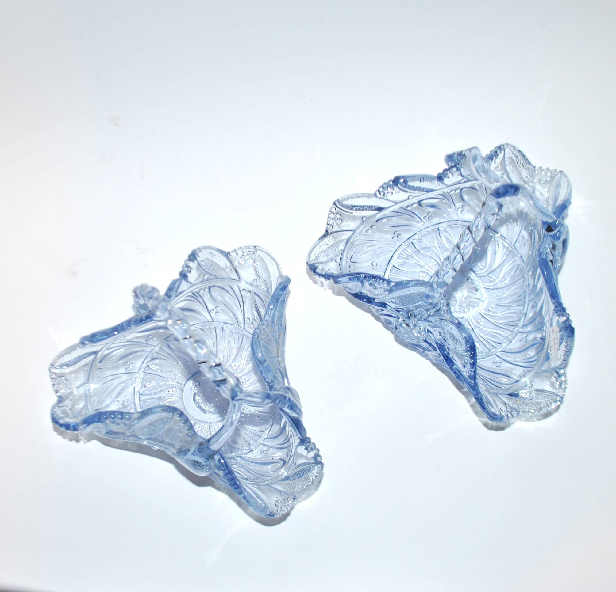 Set of 2 blue glass bowl basket emptiers from Fenne? Meisenthal?