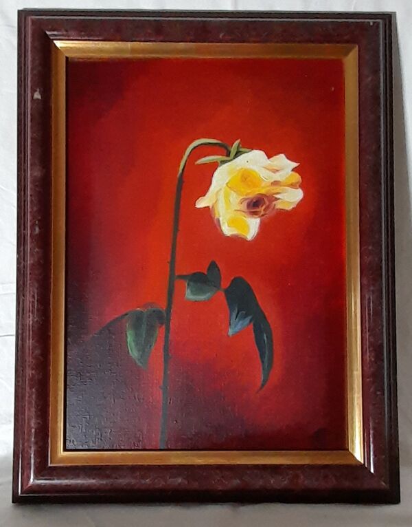 Huile sur toile encadrée signée S P La rose  56,5 X 44 cm