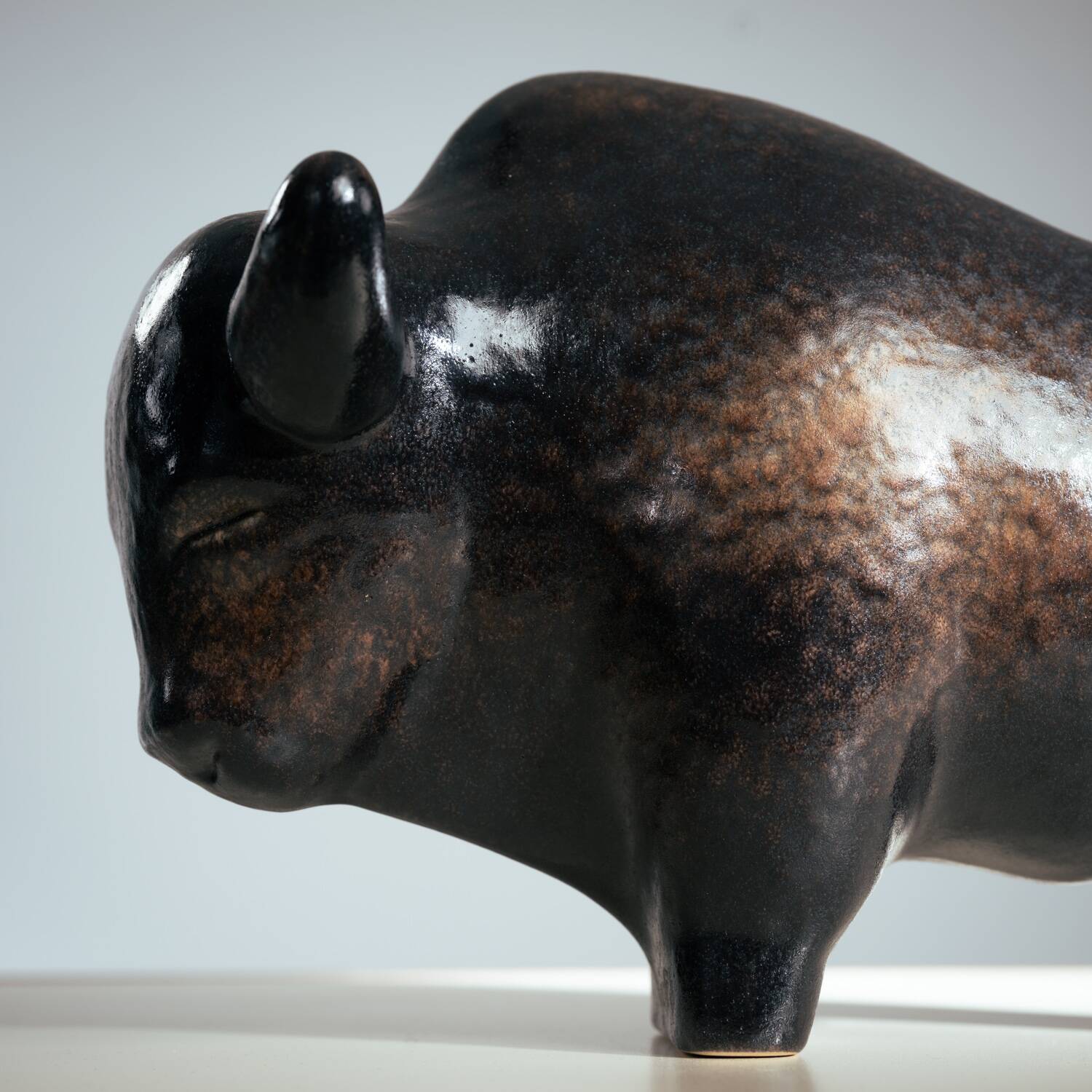 Brown glazed bull sculpture by Ed Ruscha, 1970s ceramic art