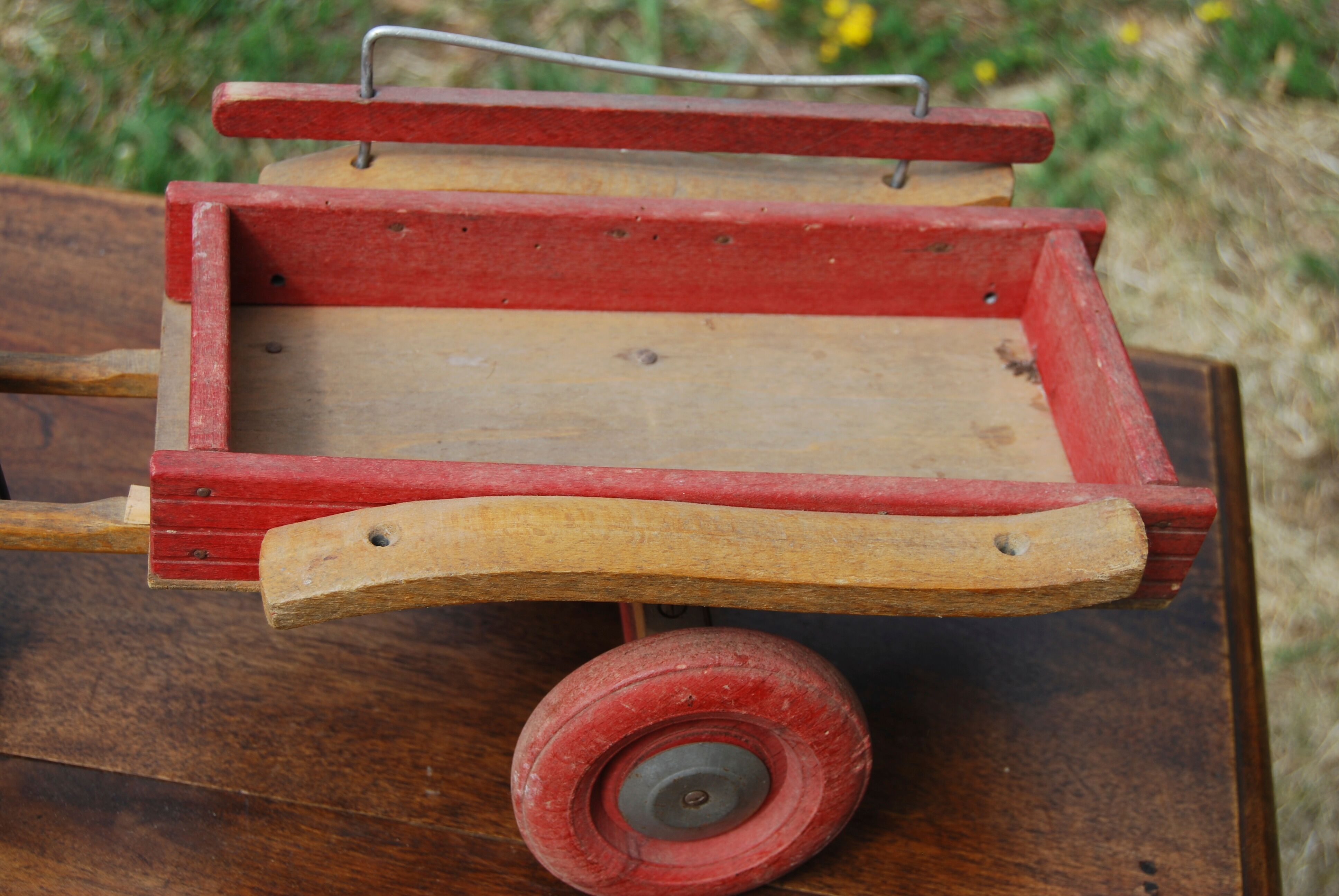 Old wooden toy Dejou. Hitch, horse and cart.