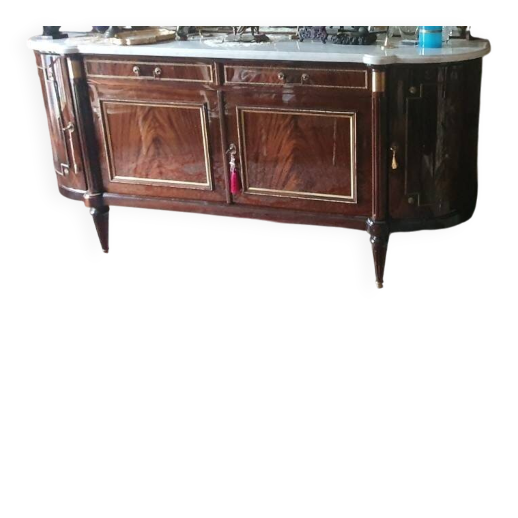 Louis XVI style sideboard in flame mahogany veneer.
