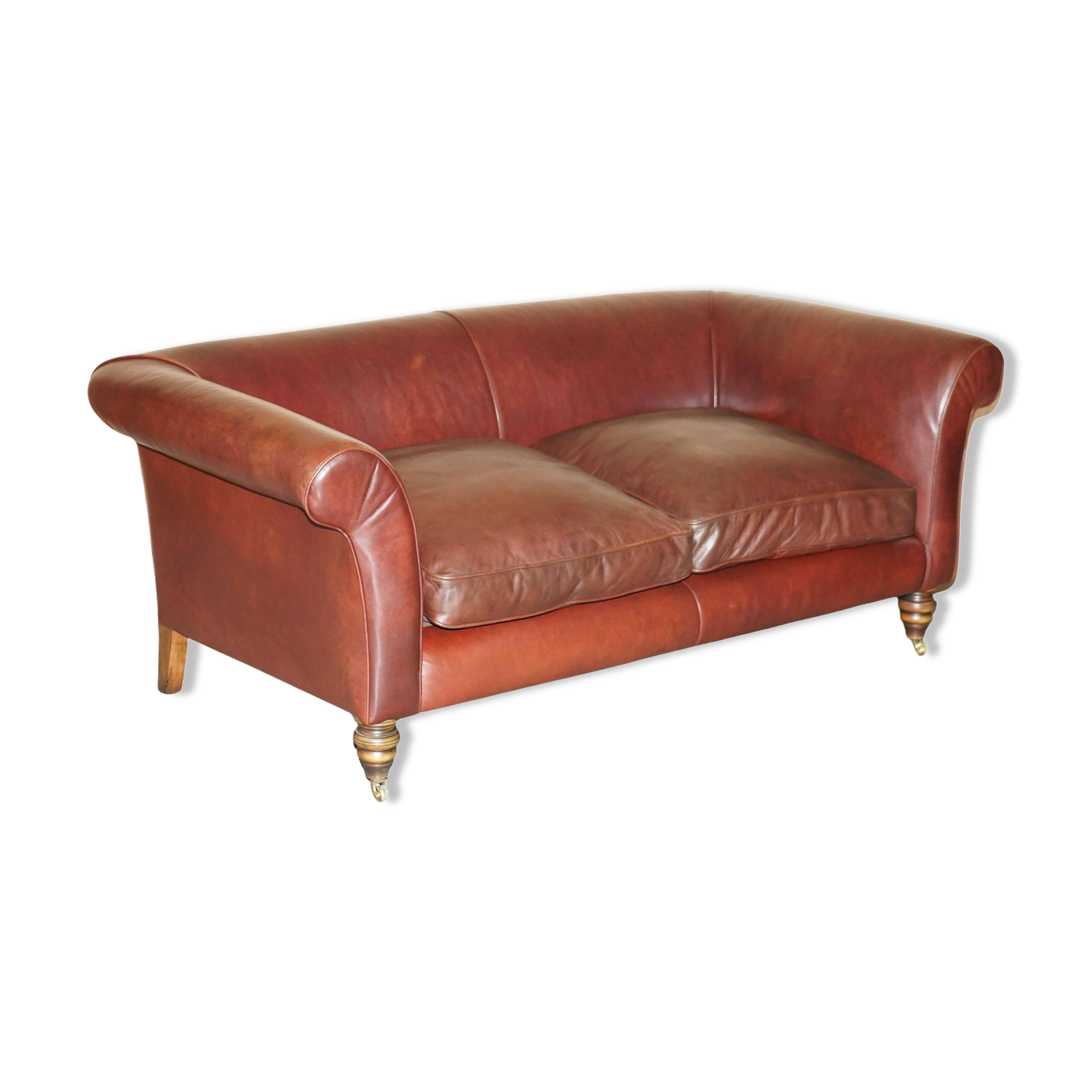 Vintage Art Deco leather sofa, three-seater, feather cushions.