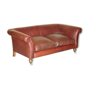 Vintage Art Deco leather sofa, three-seater, feather cushions.