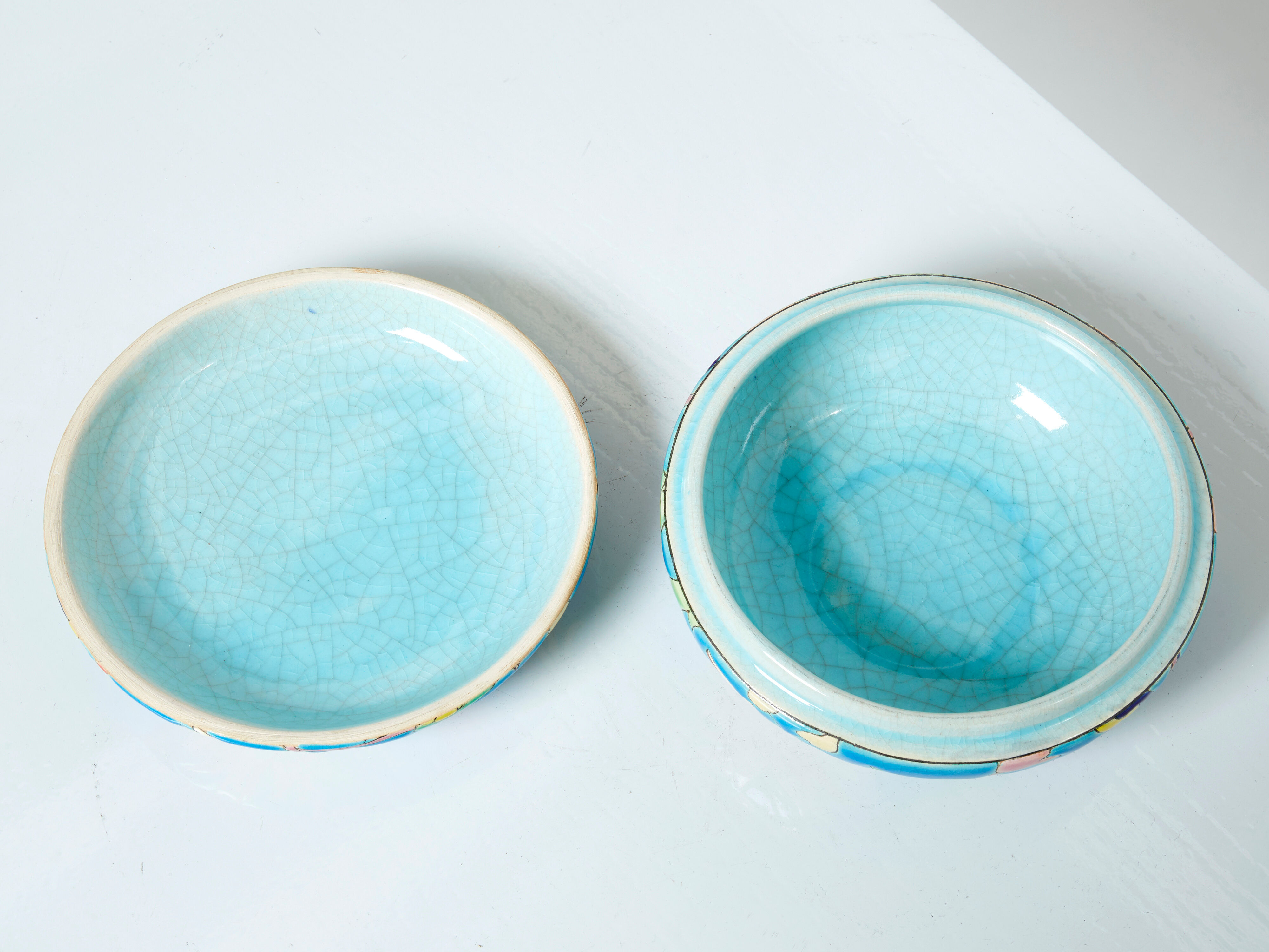Large round box turquoise blue Art Deco Emaux de Longwy 1950