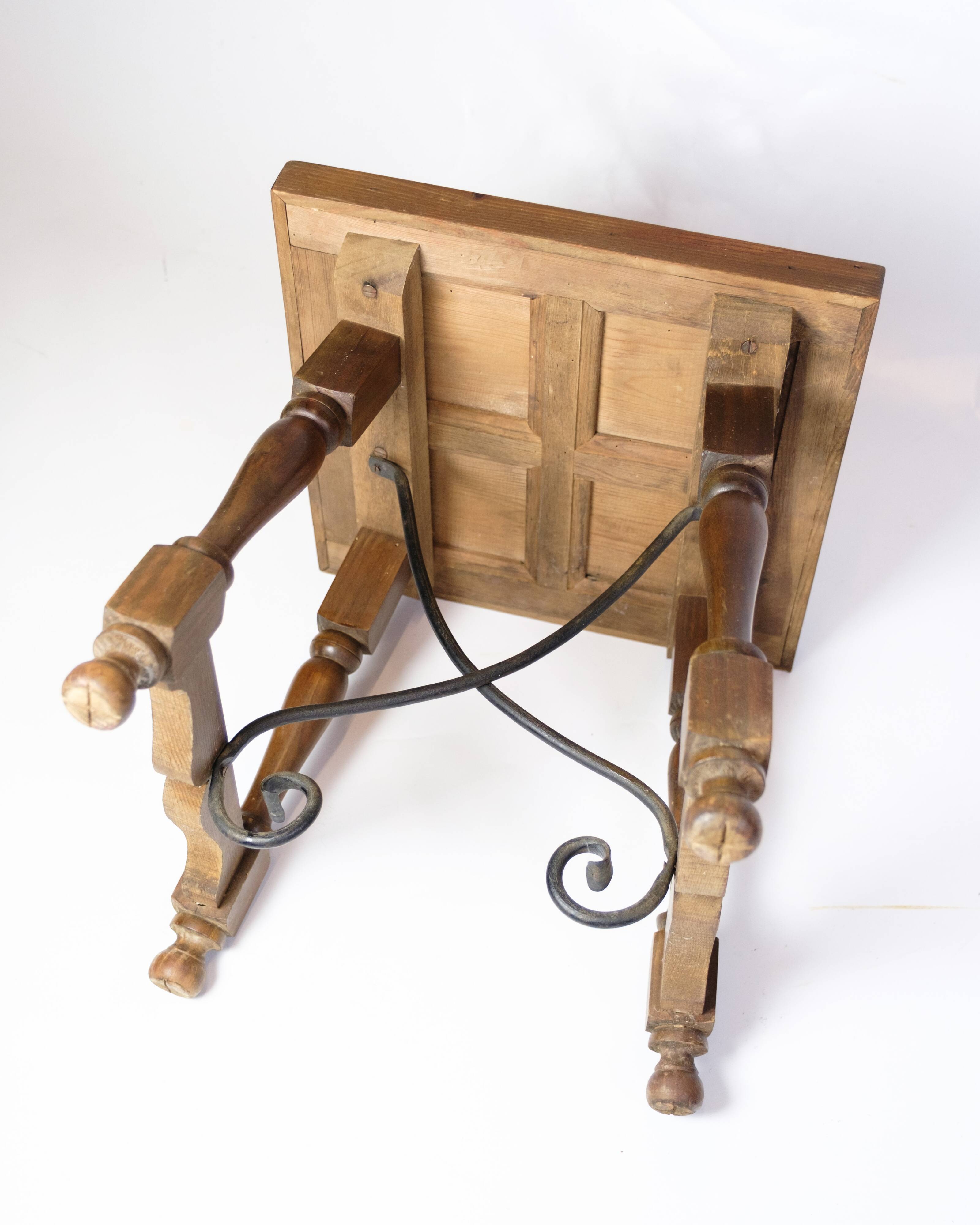 Side Table Made In Dark Wood With Turned Legs & Metal Struts From 1930s