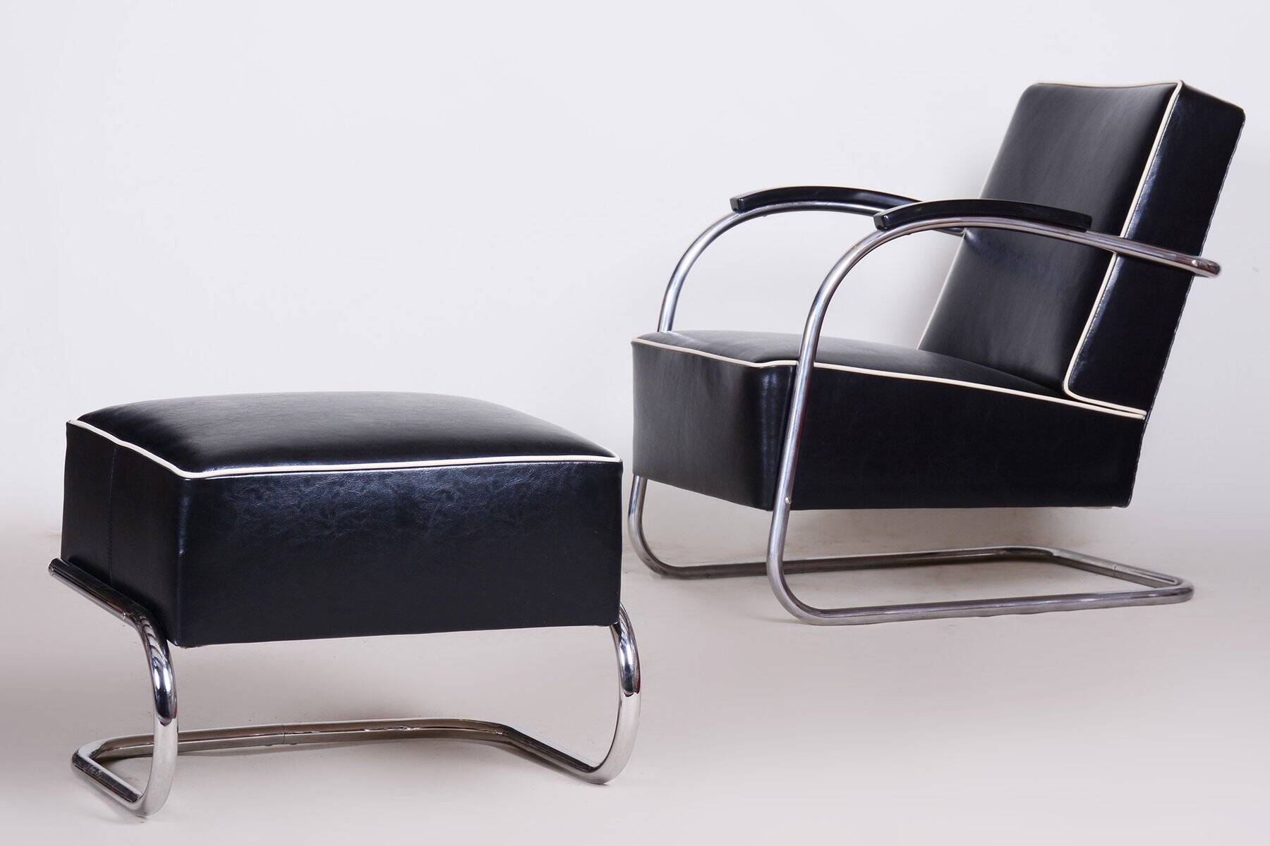 Bauhaus Armchair with Stool in Chrome attributed to Mücke-Melder, Czech, 1930s, Set of 2