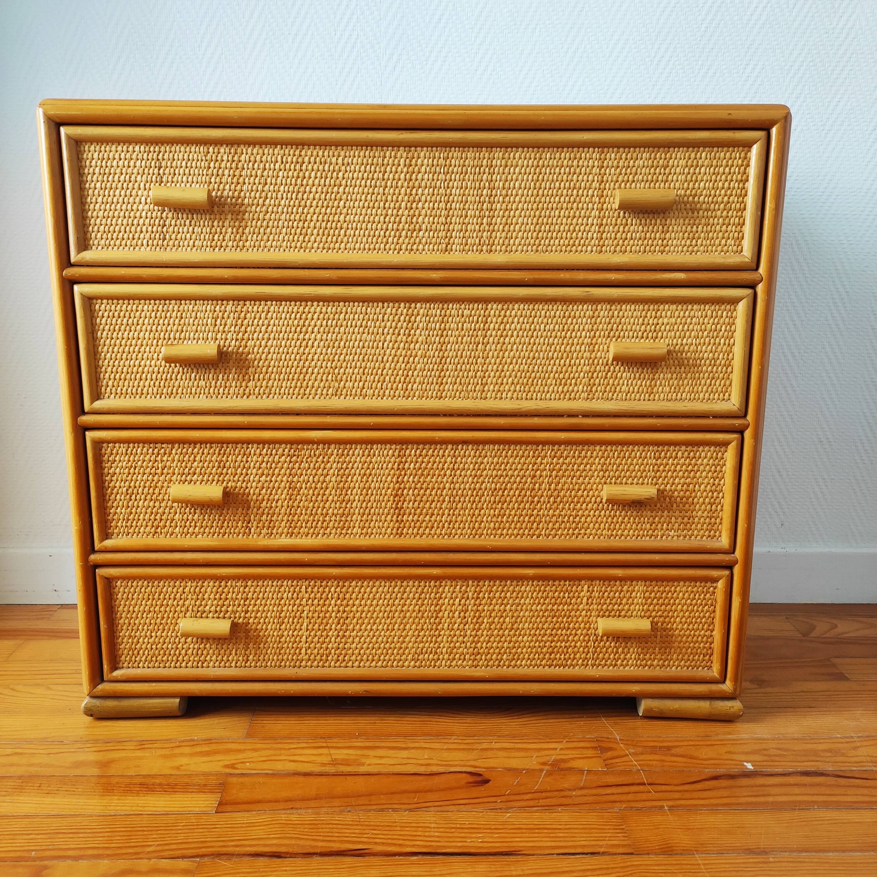Vintage chest of drawers in light rattan