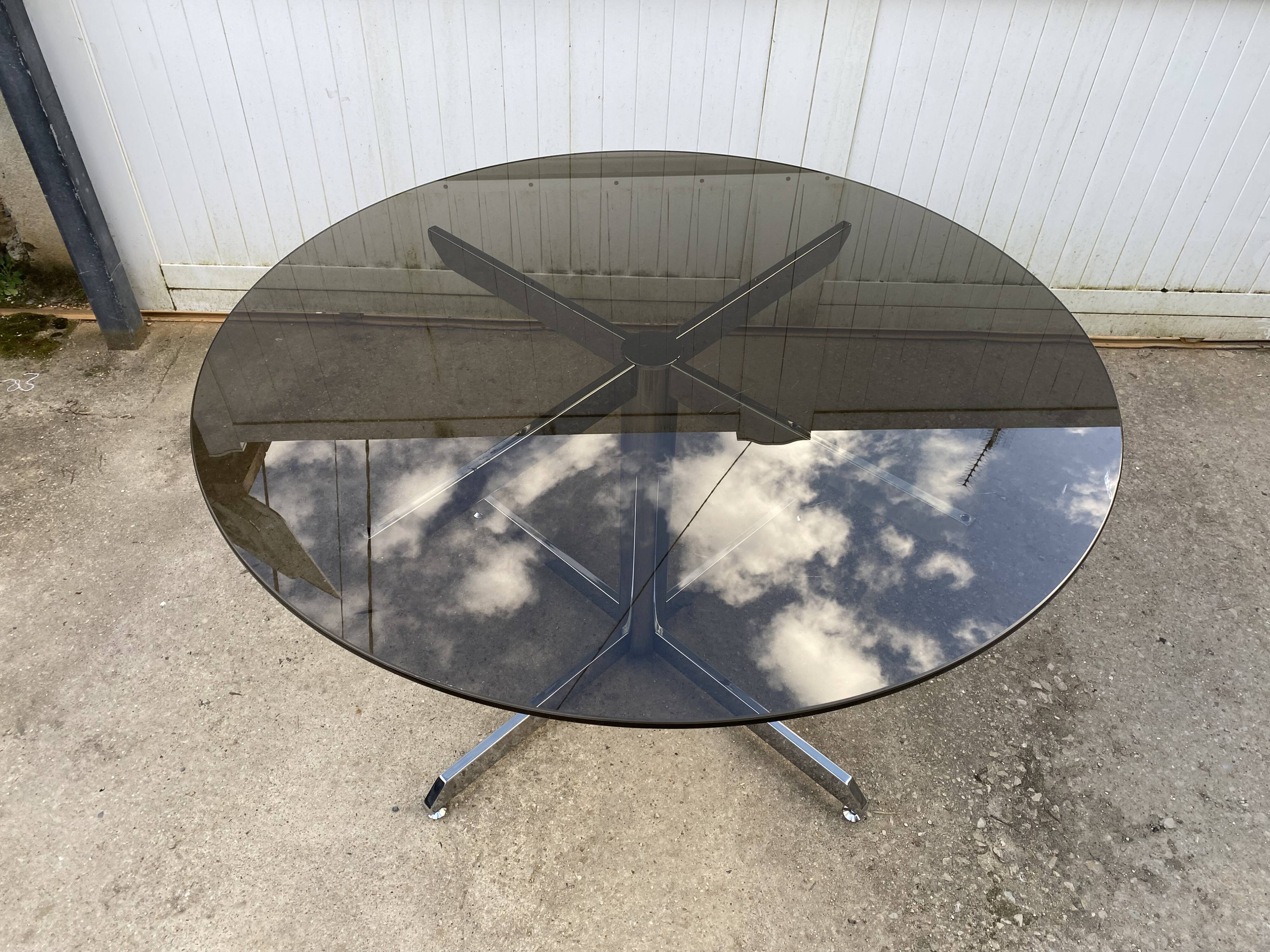 Smoked glass round table chrome Florence Knoll Roche Bobois an70