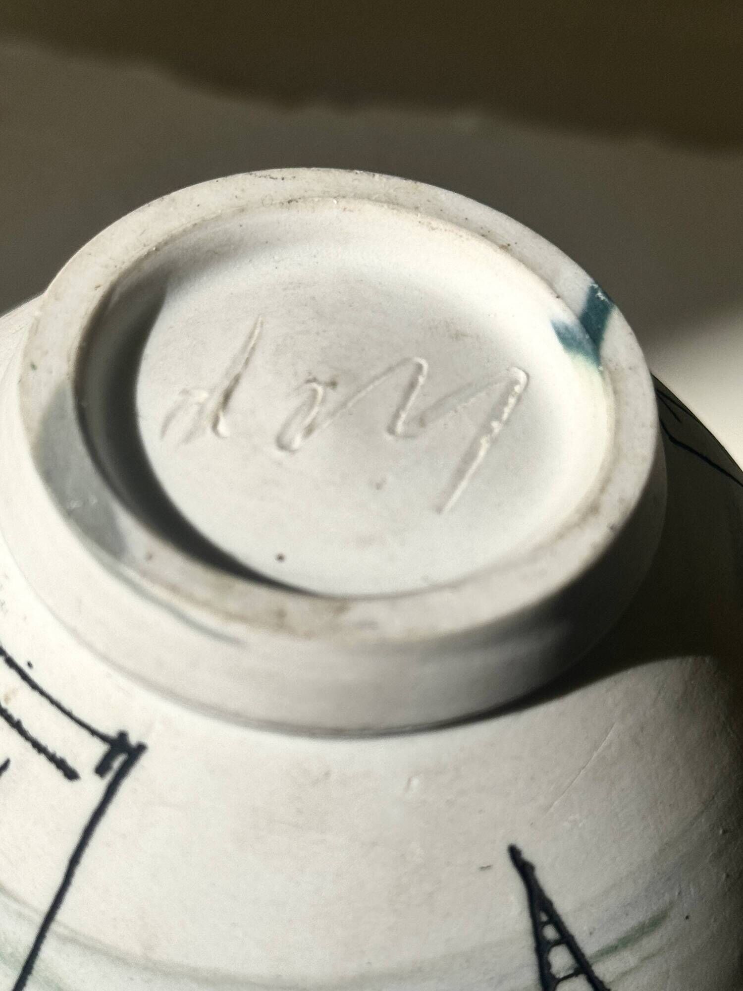 Bowl / large ceramic white catchall with graphic decoration, 1950