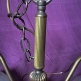 Vintage chandelier art-deco gold metal bronze three half-globes frosted glass and fabric stamps