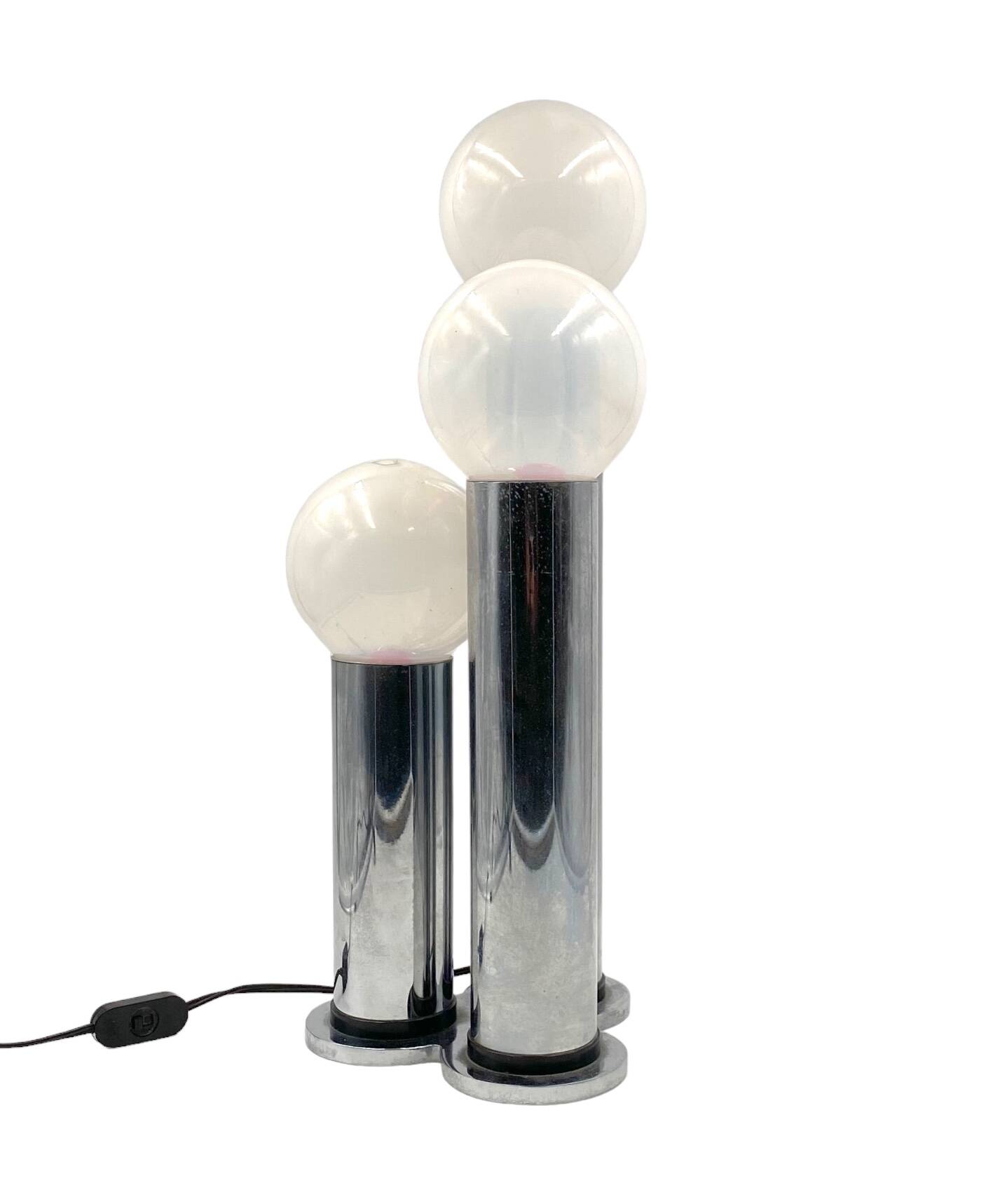 Hollywood regency 3 lights metal and opaline glass table lamp, Lama, Italy 1970s