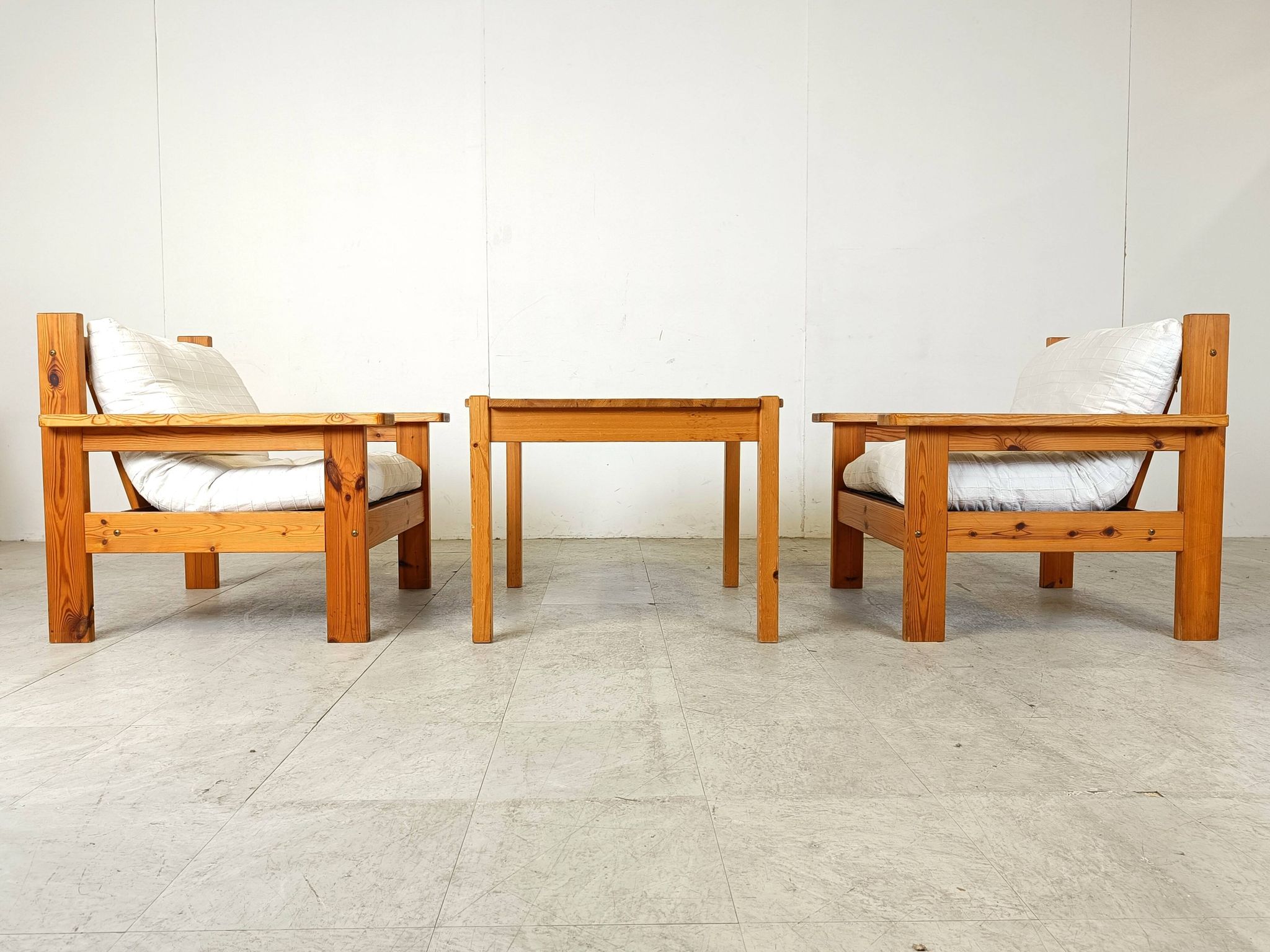 Vintage pine wood armchair set, 1980s