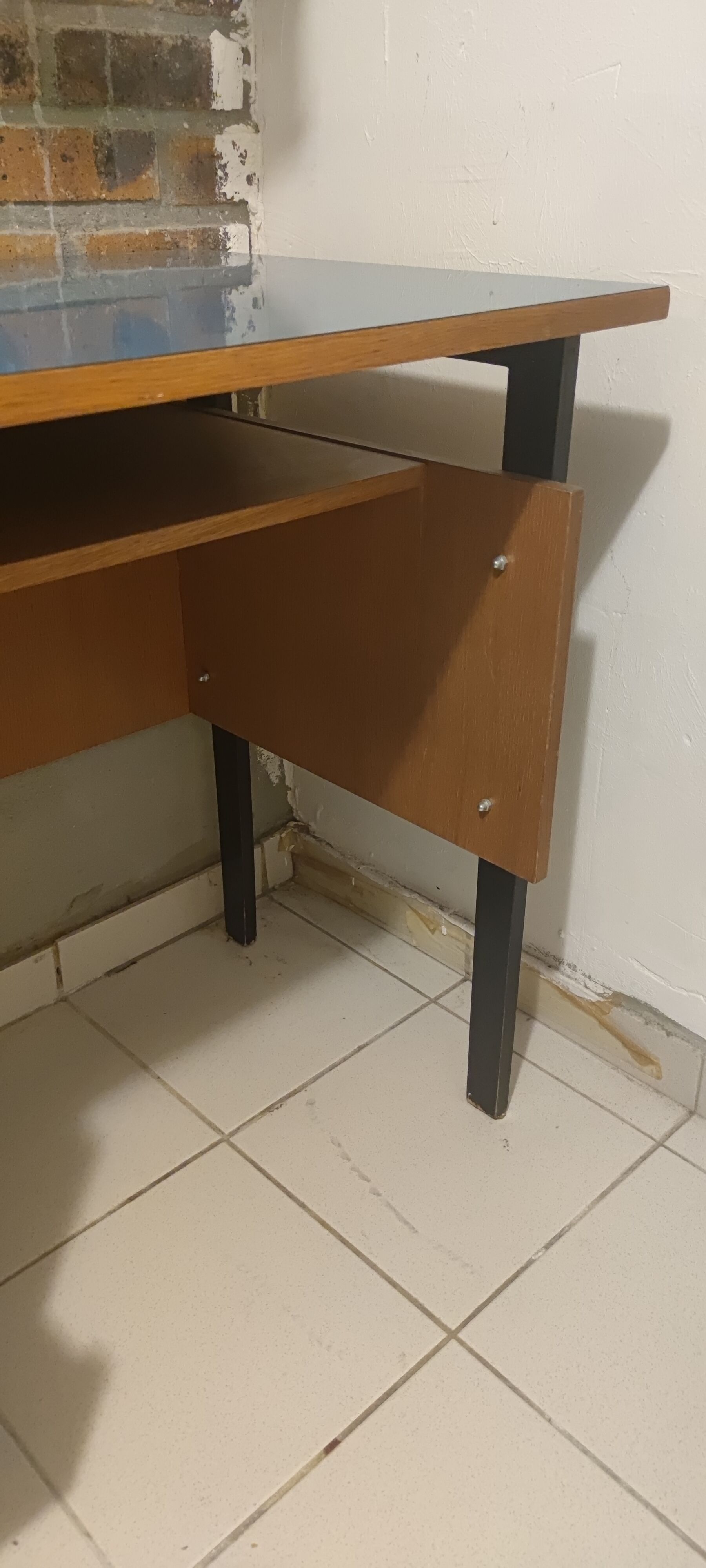 Vintage desk wood 1950s, blue top