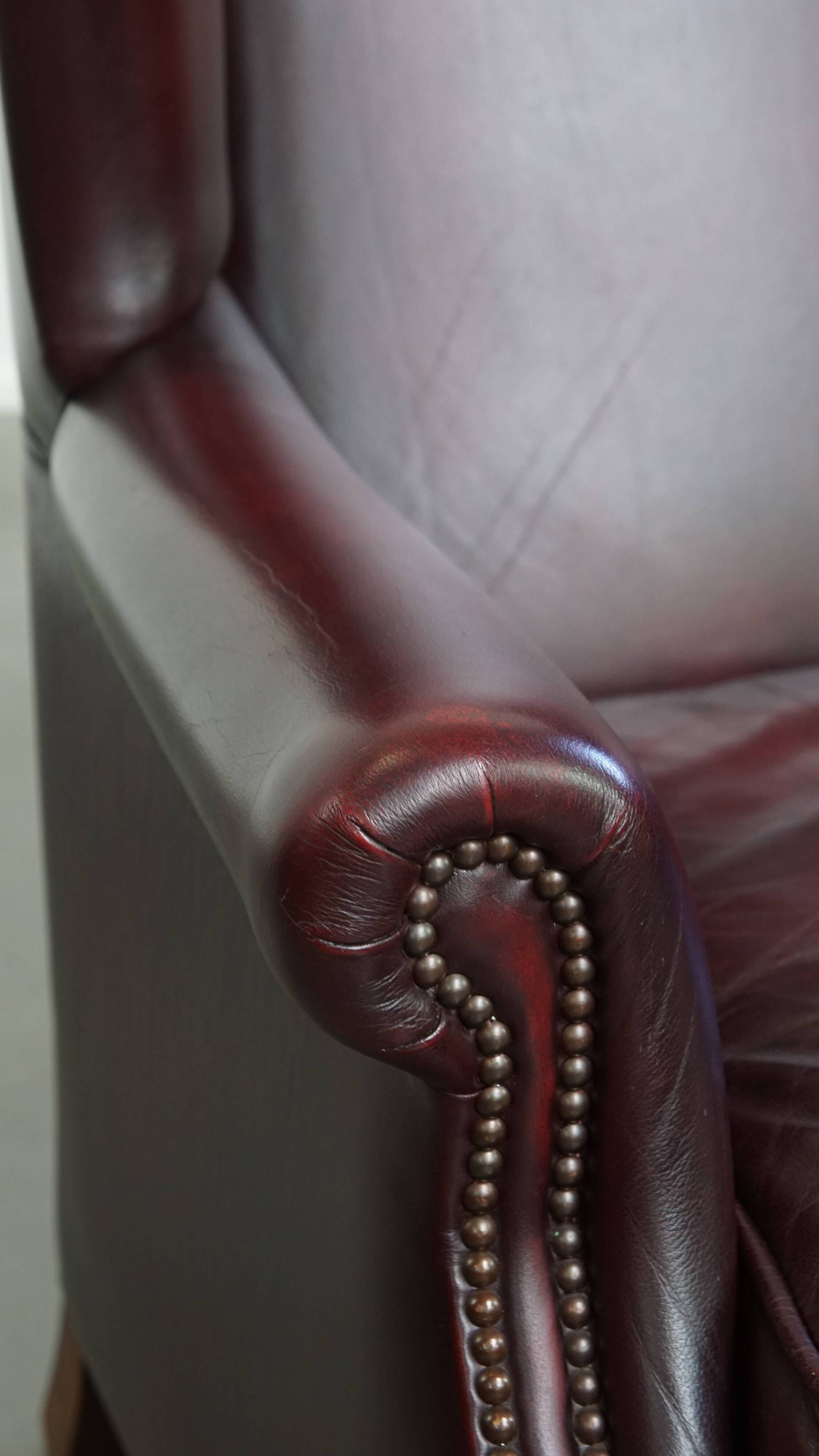 Bordeaux Red Cowhide Leather Wingback Chair in English Style