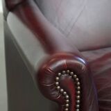 Bordeaux Red Cowhide Leather Wingback Chair in English Style