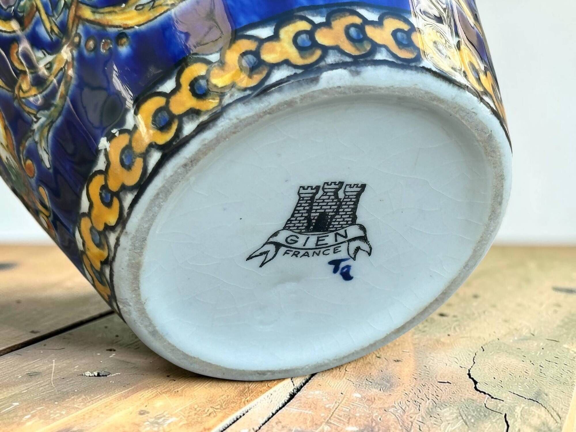 Antique baluster vase in Gien earthenware with blue Renaissance decoration - H: 26 cm