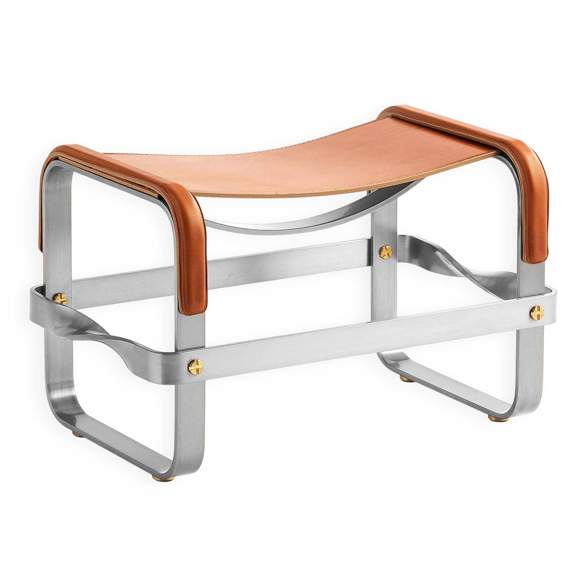 Old Silver Steel Footrest and Natural Tobacco Leather, Contemporary Style