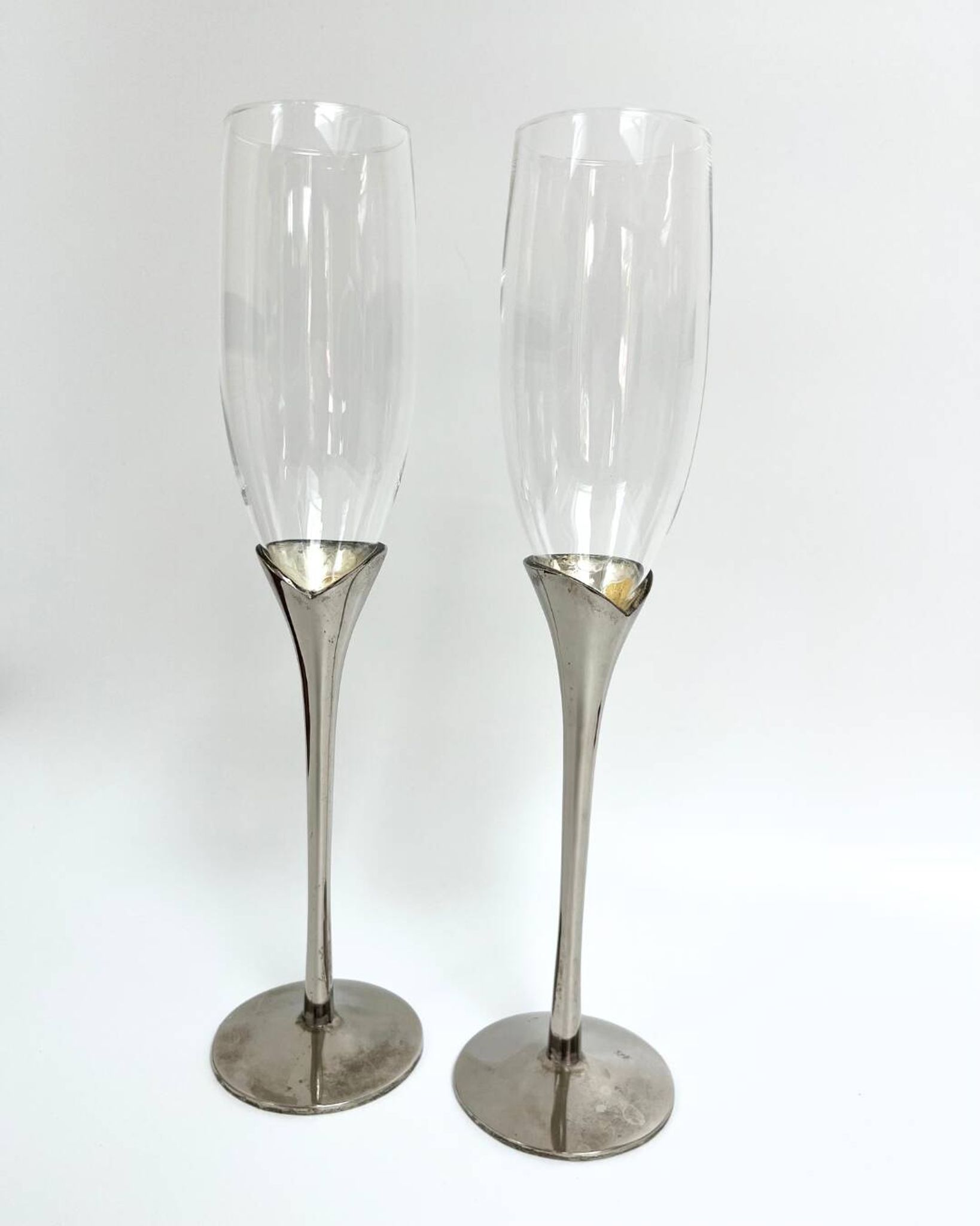 Pair of vintage silver-plated champagne flutes with glass – France, year