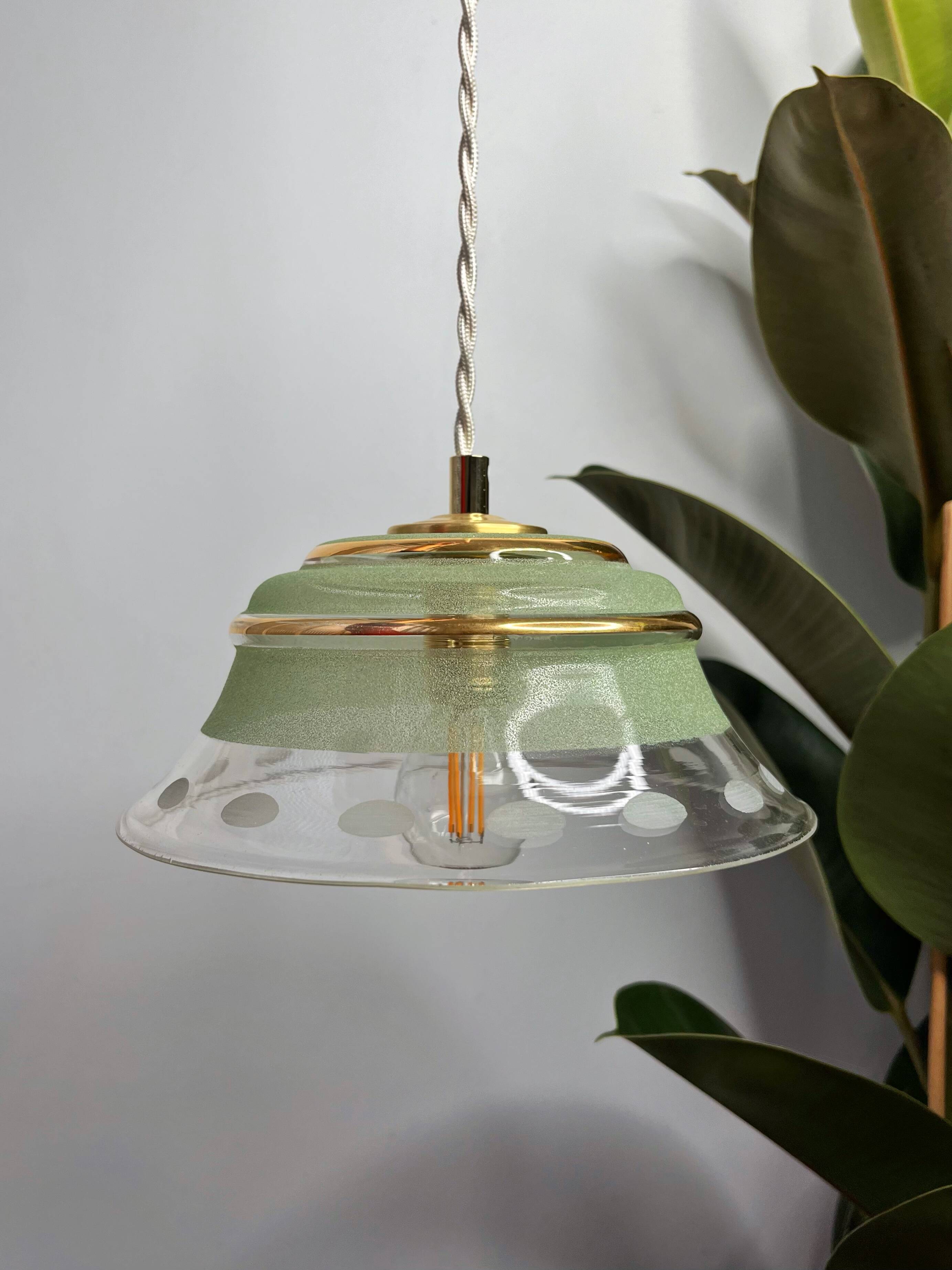 Suspension in green granite glass and transparent glass - gold edging