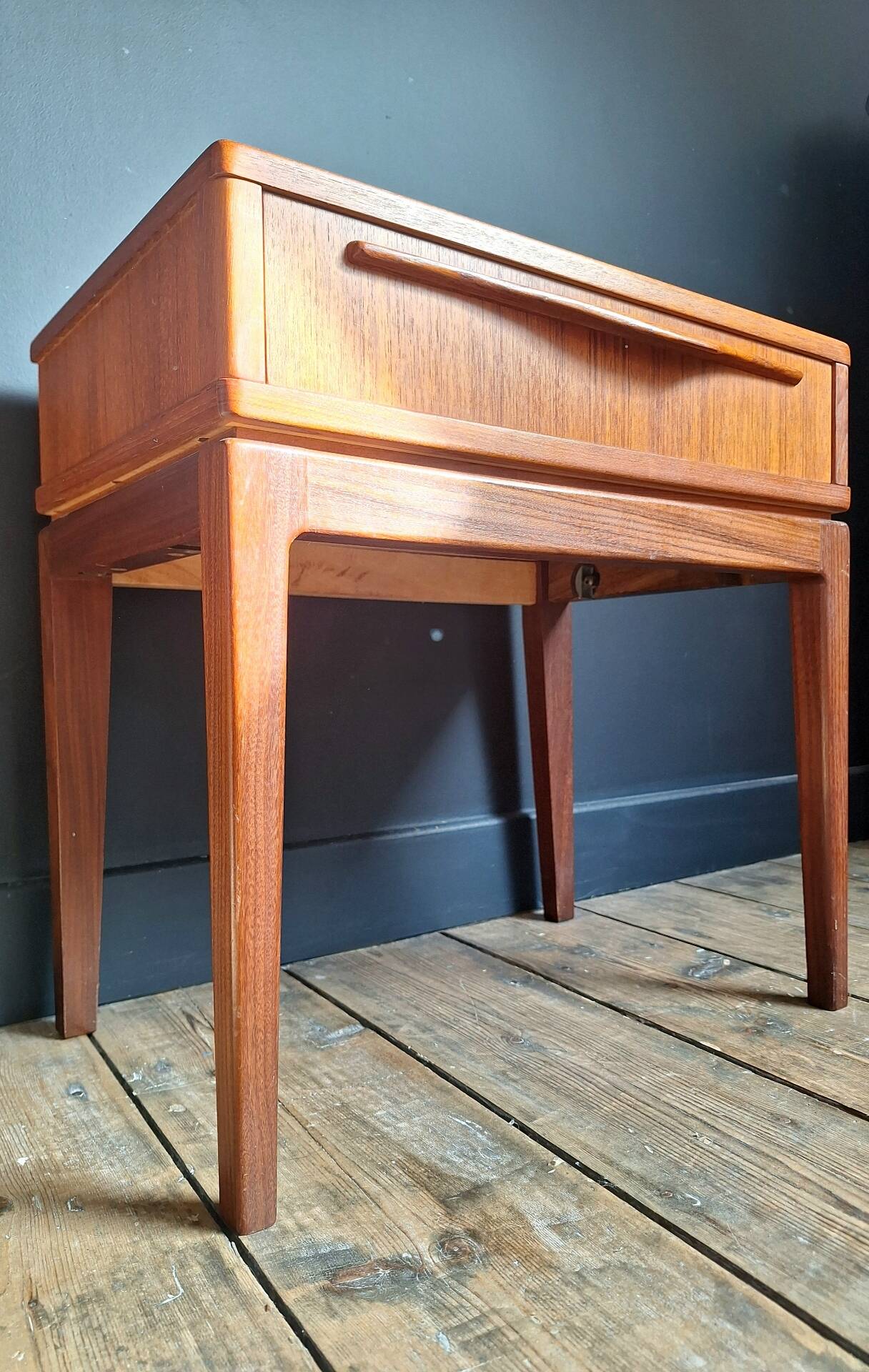 Vintage teak bedside table, Scandinavian design nightstand, accent furniture.
