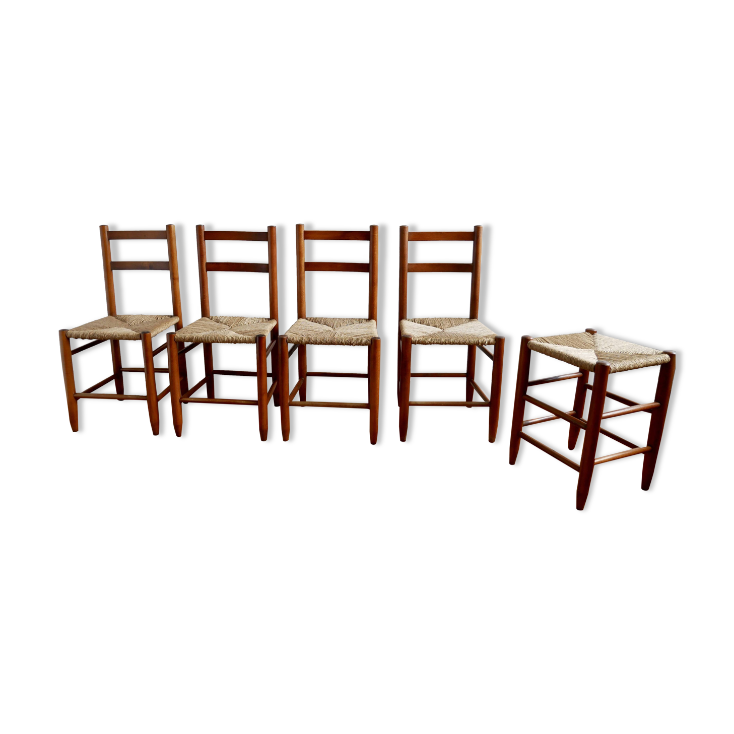 Set of 4 straw chairs and a stool