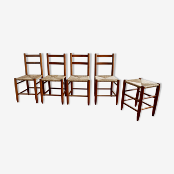 Set of 4 straw chairs and a stool