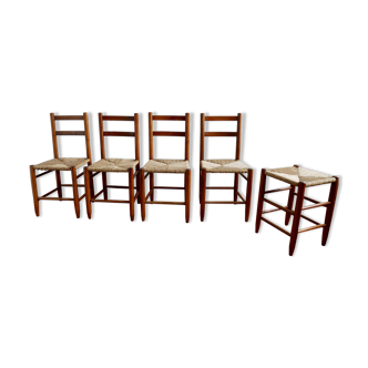 Ensemble de 4 chaises en paille et d'un tabouret