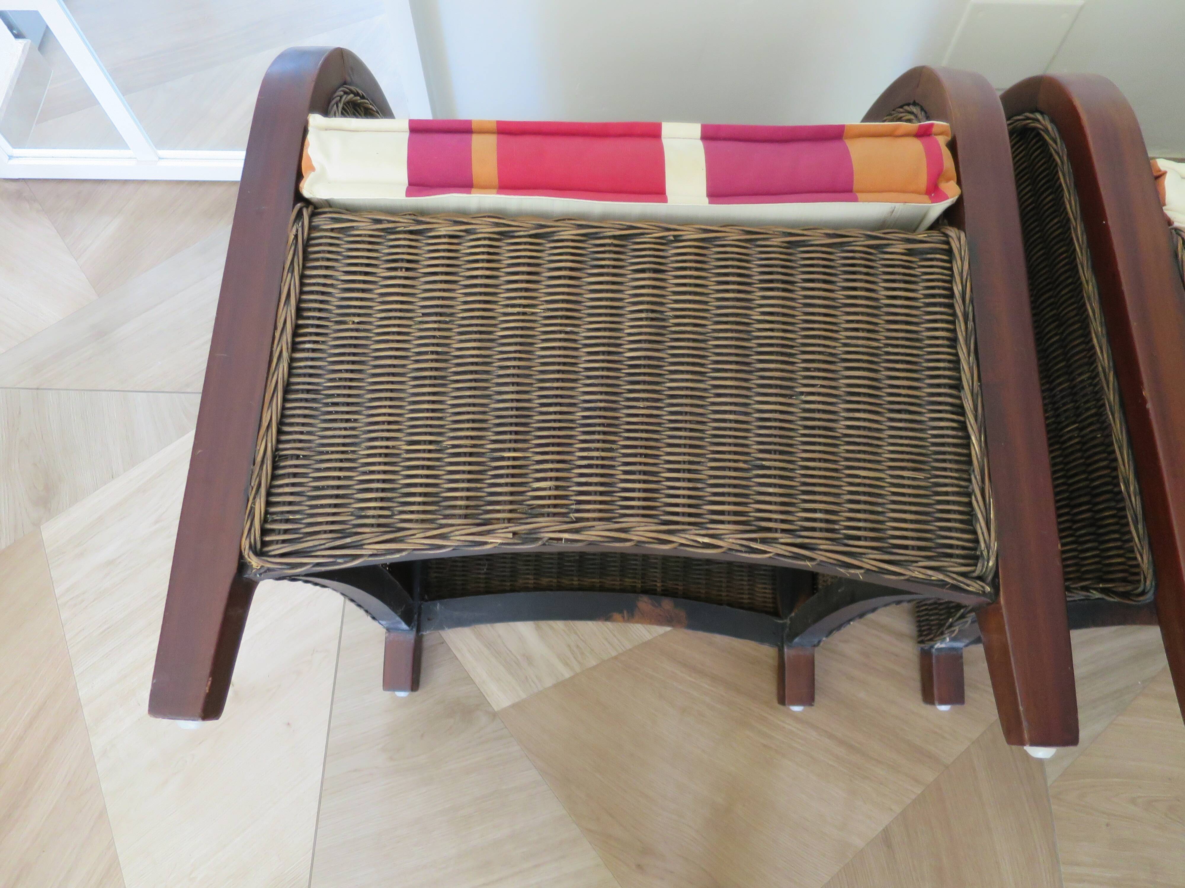2 armchairs in woven rattan and wood, 1980s