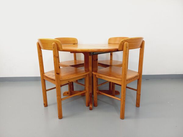 Suite d’une table ronde avec rallonge et 4 chaises vintage en pin des années 60 70