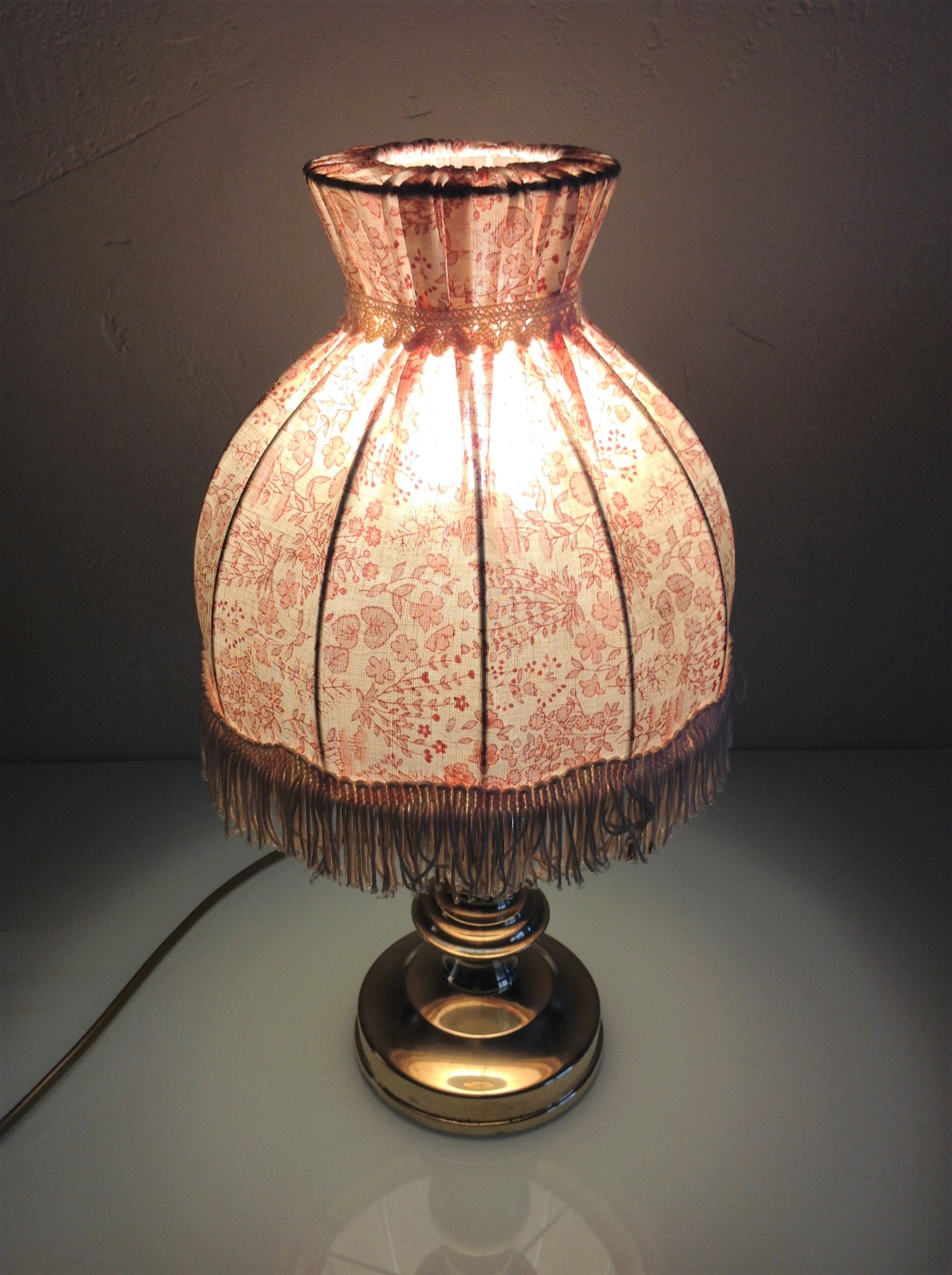 Brass bedside lamp and pink/vintage lampshade 60s-70s