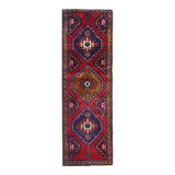 Vintage Geometric Burgundy Red Wool Runner Rug, 1950s Hand-Knotted Carpet