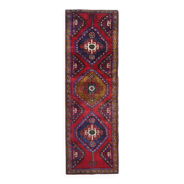 Vintage Geometric Burgundy Red Wool Runner Rug, 1950s Hand-Knotted Carpet