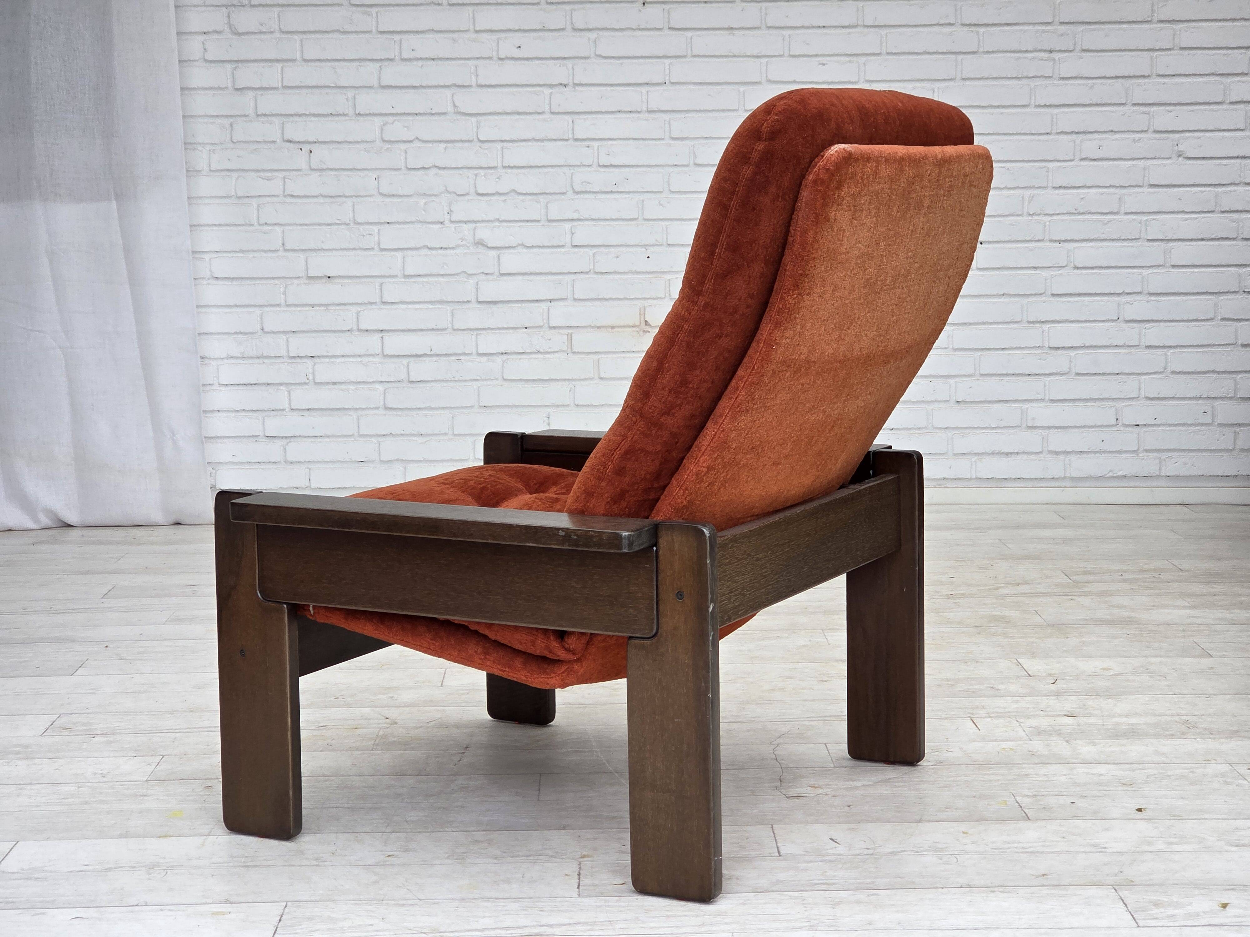 1970s, Danish armchair, orange/red furniture velour, dark oak wood.