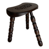 Restored dark wood tripod stool, bobbin leg, elegant furniture.