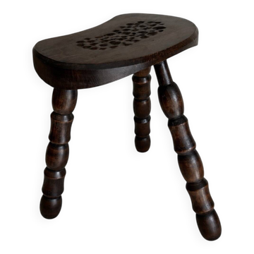 Restored dark wood tripod stool, bobbin leg, elegant furniture.