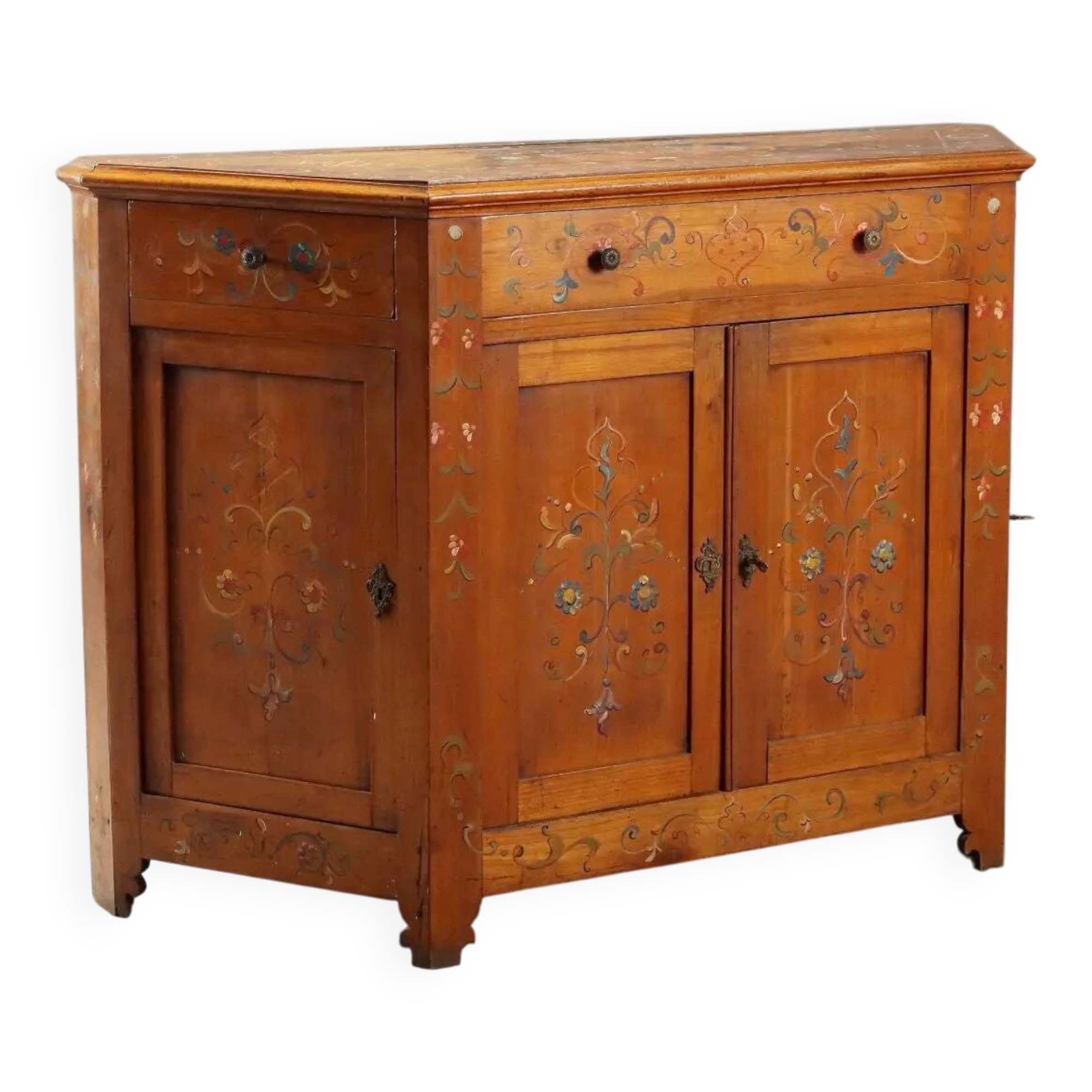 Buffet d’angle ancien en bois de cerisier avec tiroirs, Italie, XIXe siècle
