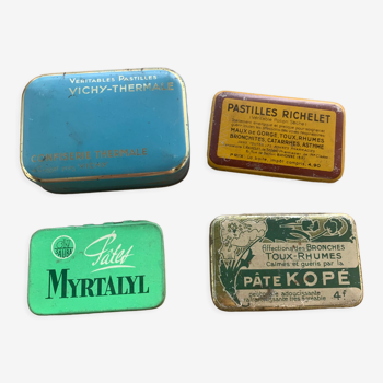 4 boîtes en métal pour médicaments et pastilles, publicitaires anciennes