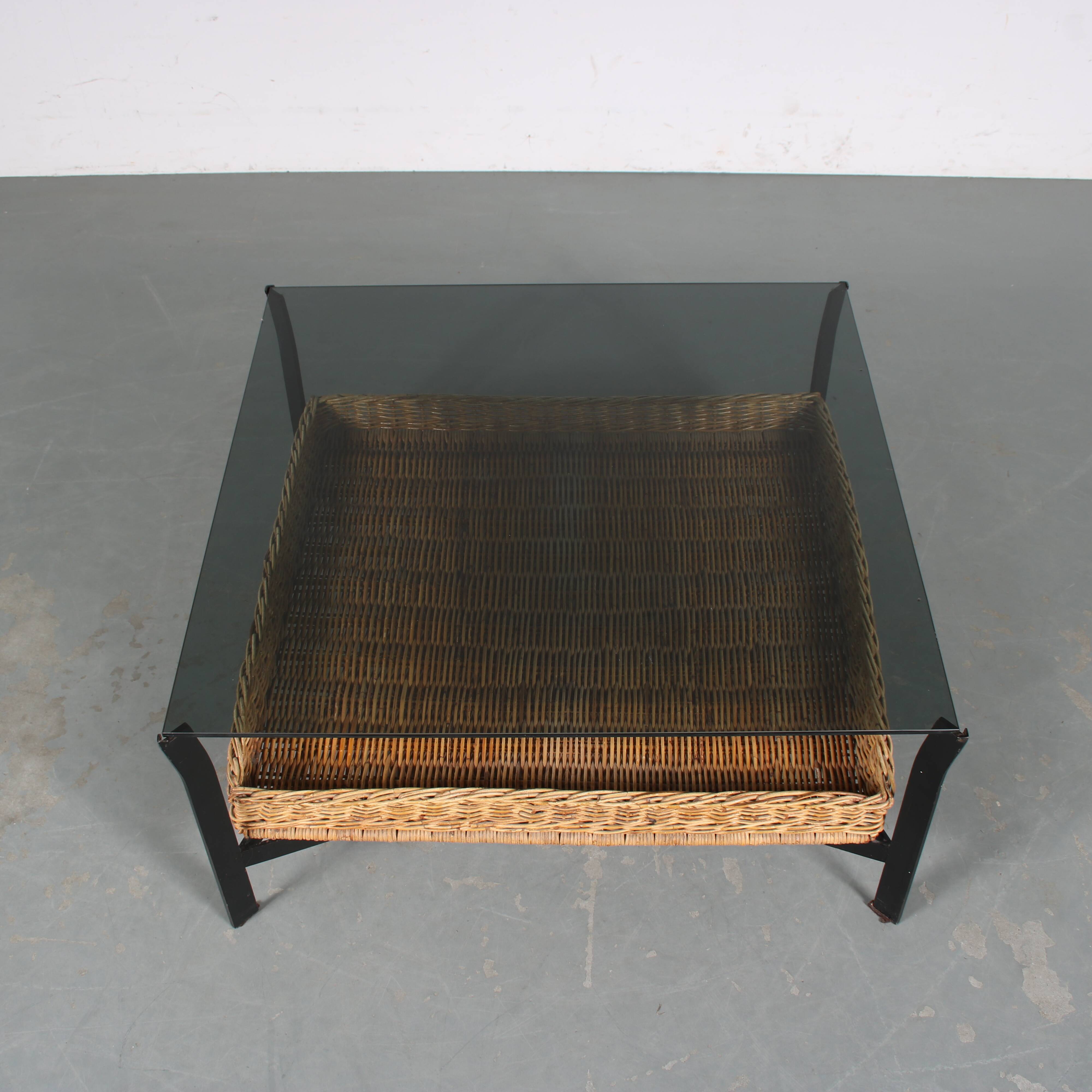 1960s Coffee table with wicker and smoked glass, Netherlands