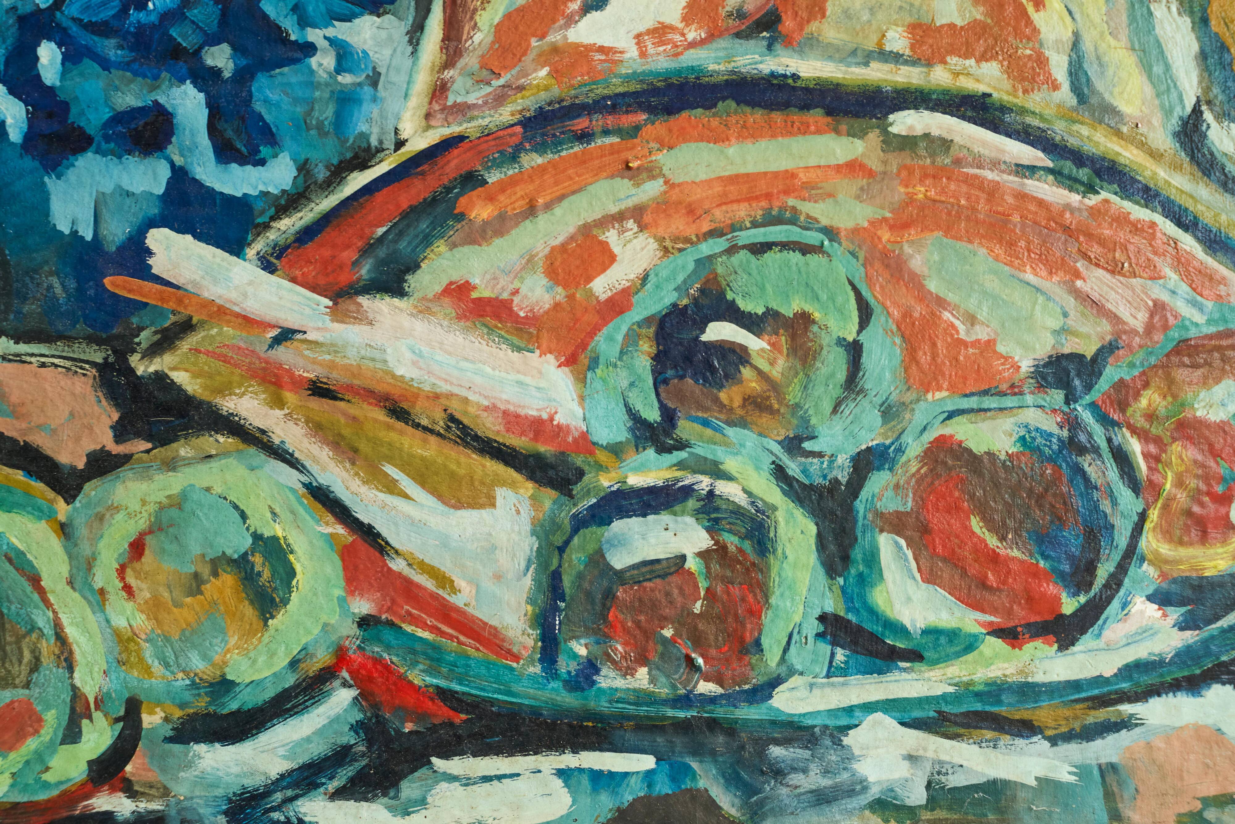 Scène de table moderniste, huile sur carton, années 1960