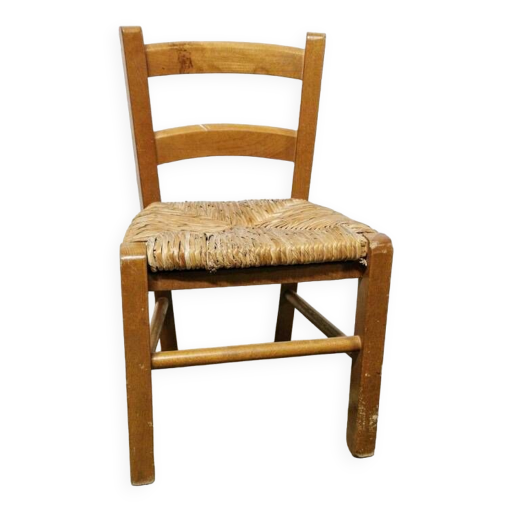 Petite Chaise Enfant En Bois Et Paille – Vintage – Vert – Hauteur 49cm