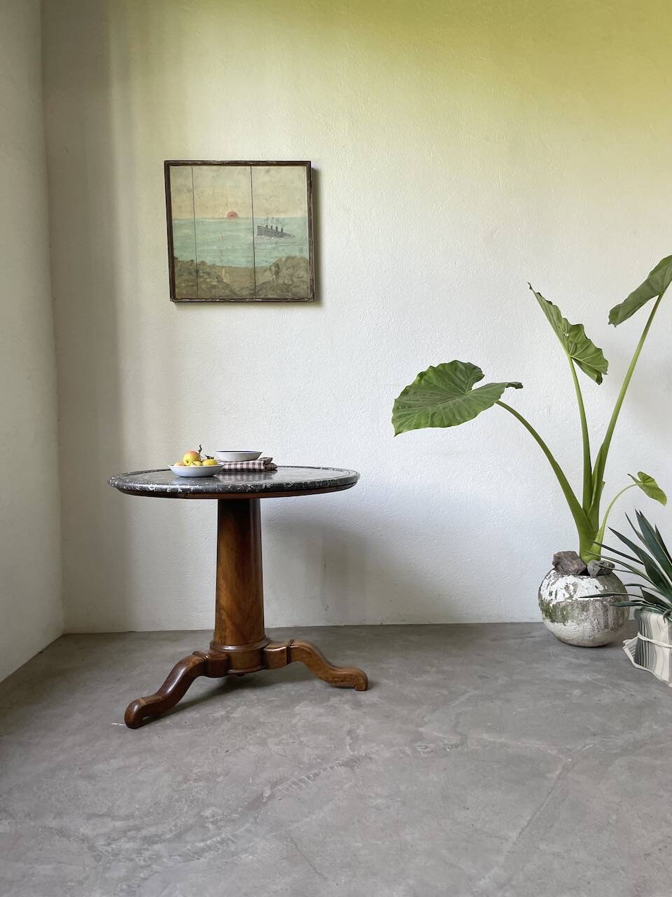 Empire walnut and marble pedestal table, late 19th century