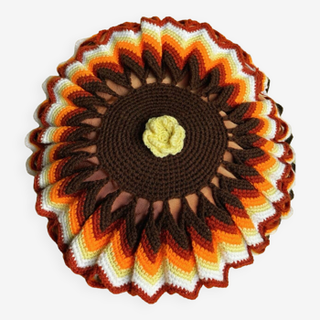 Vintage crocheted sunflower cushion