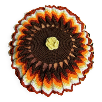 Vintage crocheted sunflower cushion