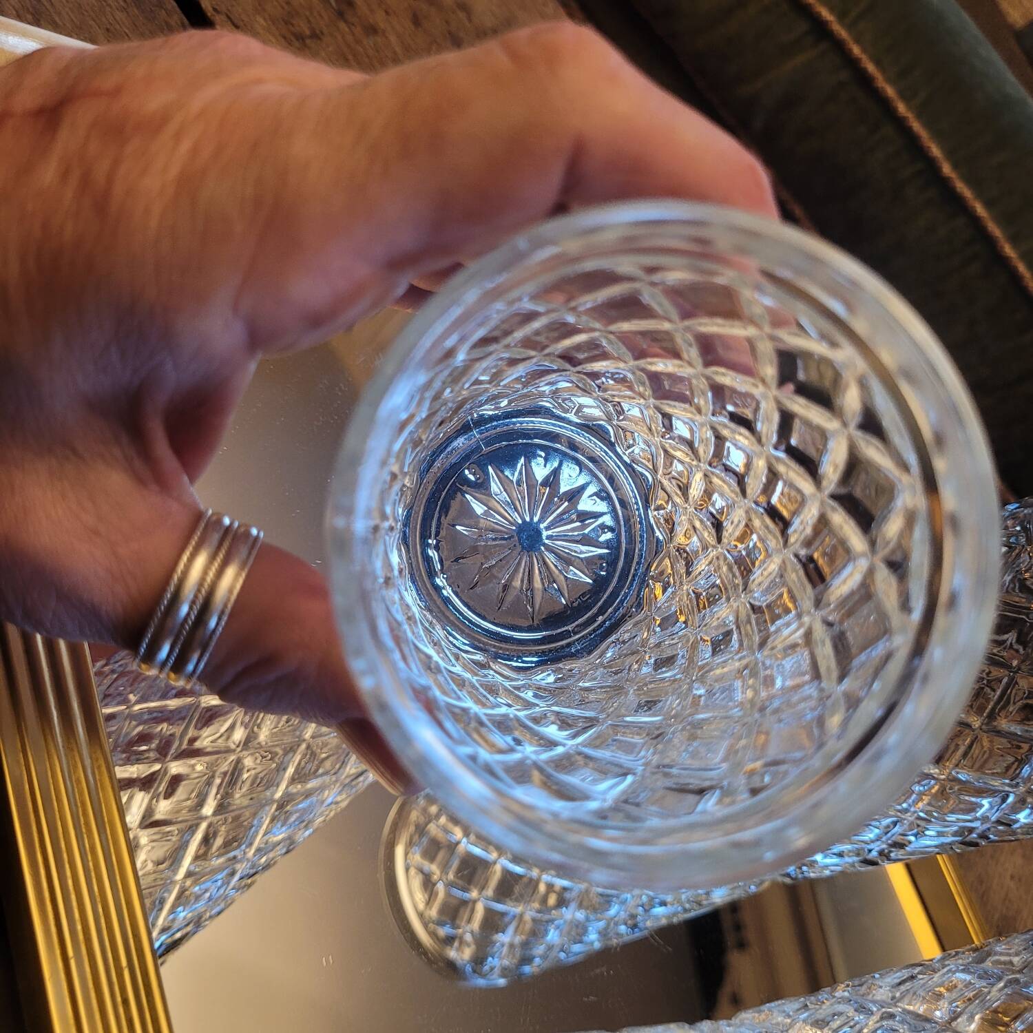 Set of three long drink glasses in pressed glass with a diamond pattern, 1960.